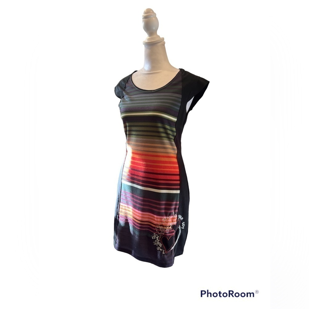 Desigual Rainbow Striped‎ Sheath Dress Hearts Embroidery Black Multi Size S